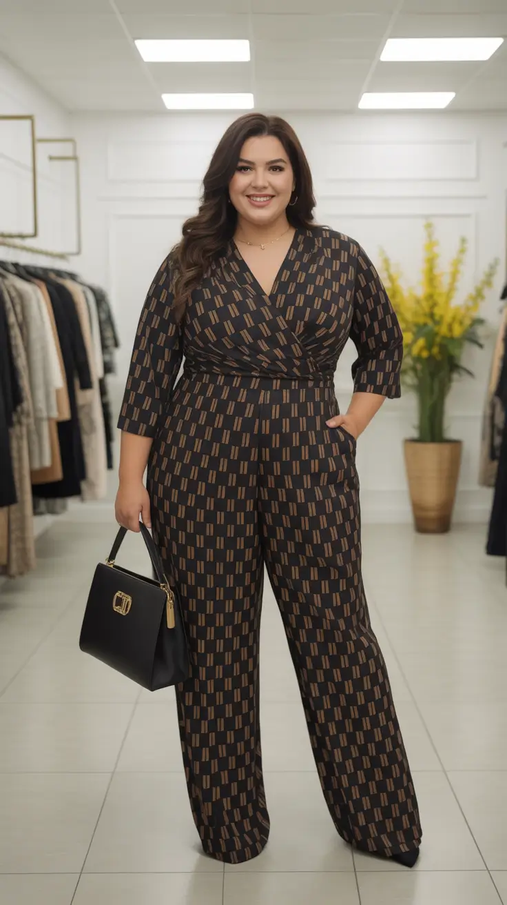 Cute women plus-size outfits 2026 Patterned Jumpsuit Elegance