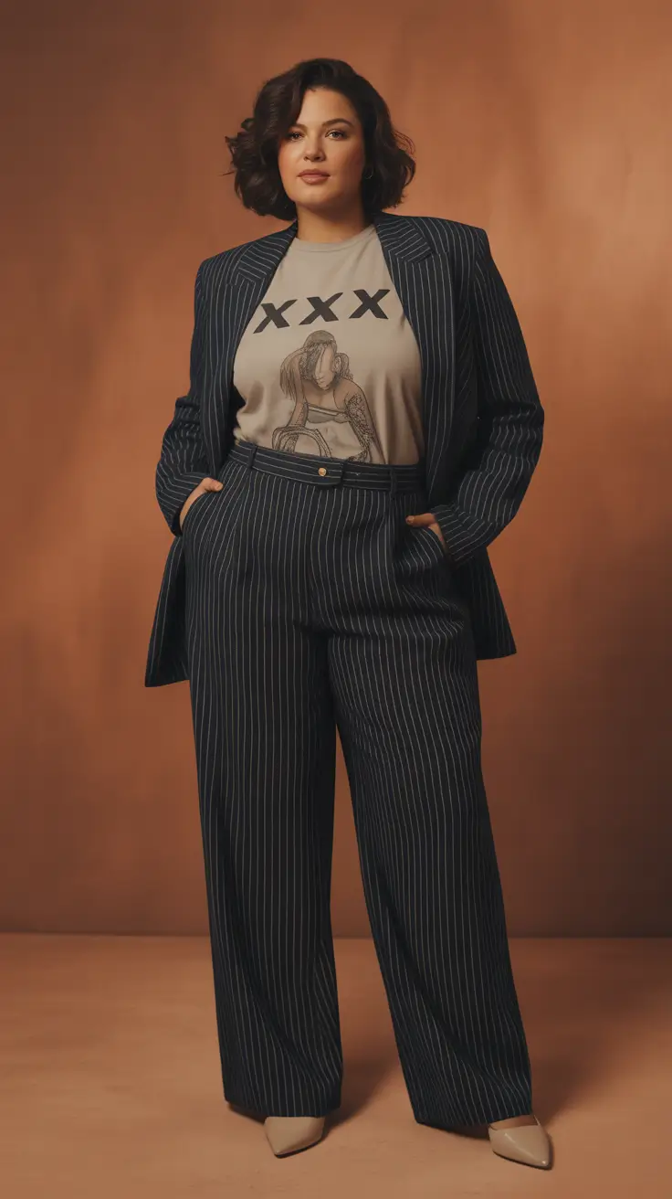 Cute women plus-size outfits 2026 Pinstripe Cool Girl Energy