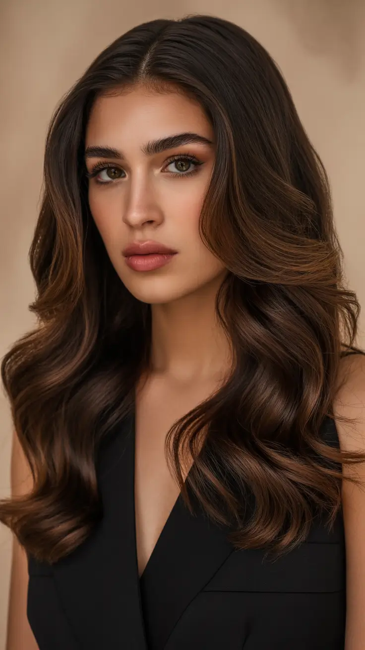 Dark brown hair color 2026 -- sleek and rich Cocoa Ribbon Waves