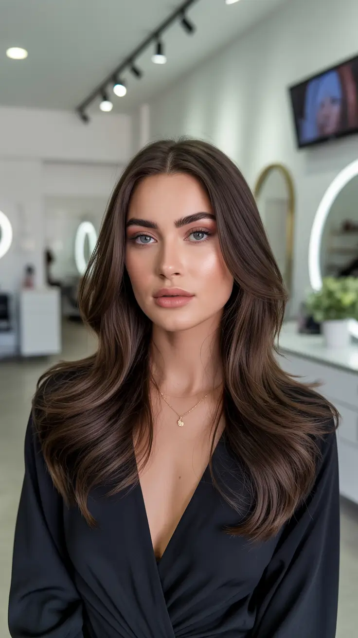 Dark brown hair color 2026 -- sleek and rich Glossed Layers Perfection