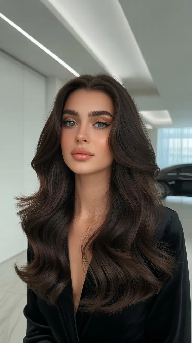 Dark brown hair color 2026 -- sleek and rich Velvet Shadow Waves