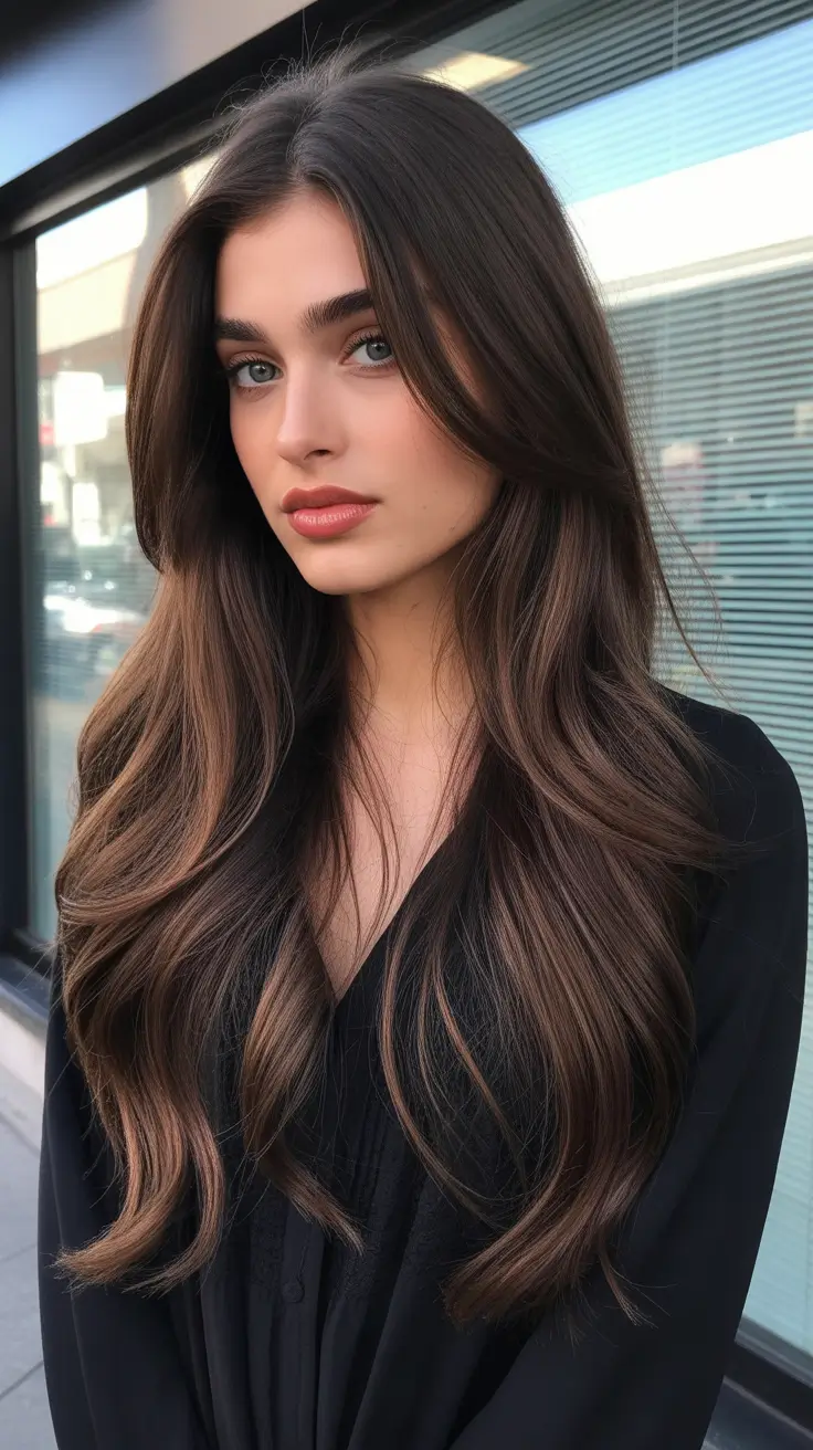 Dark brown hair color 2026 -- sleek and rich Mocha Cloud Layers