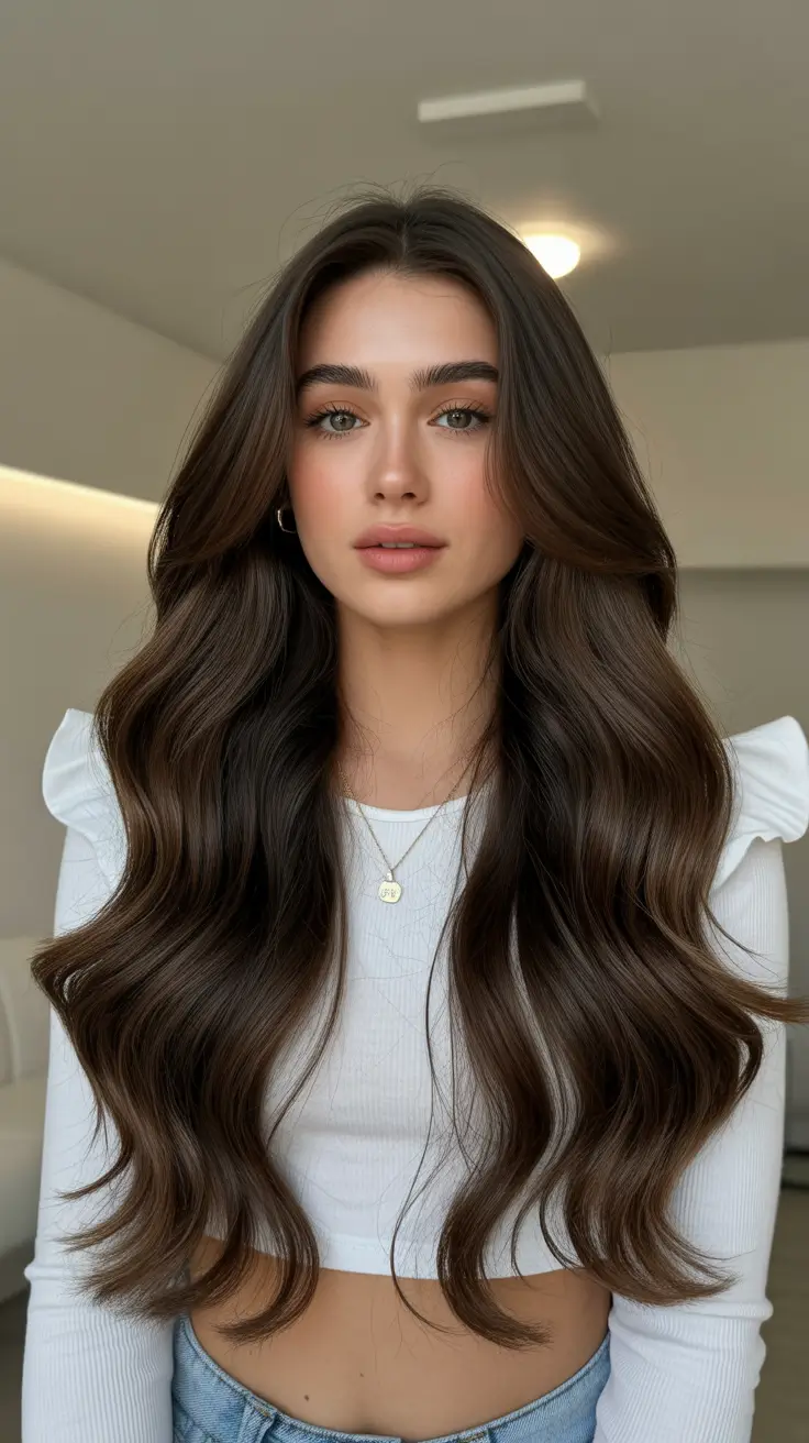 Dark brown hair color 2026 -- sleek and rich Glossed Espresso Waves