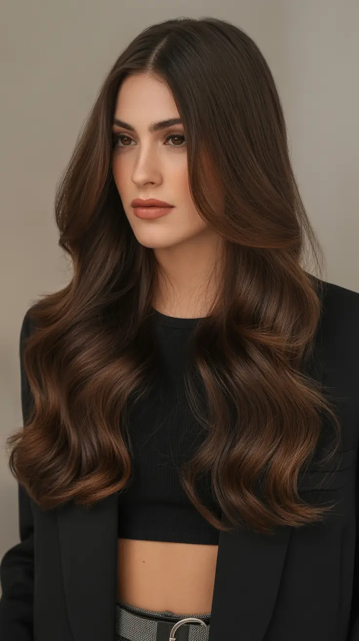 Dark brown hair color 2026 -- sleek and rich Warm Mocha Dimension