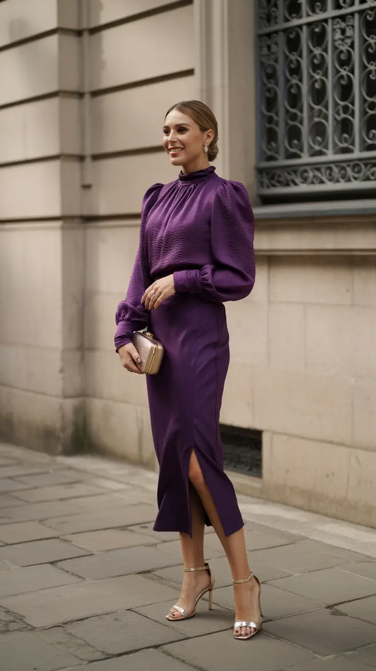 Elegant wedding guest outfits 2026 Royal Plum Sophistication