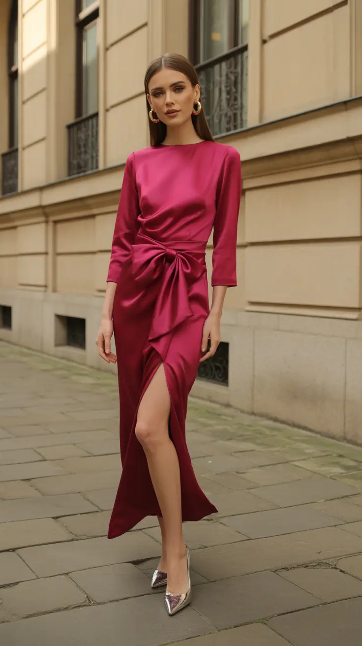 Elegant wedding guest outfits 2026 Fuchsia Satin Drama