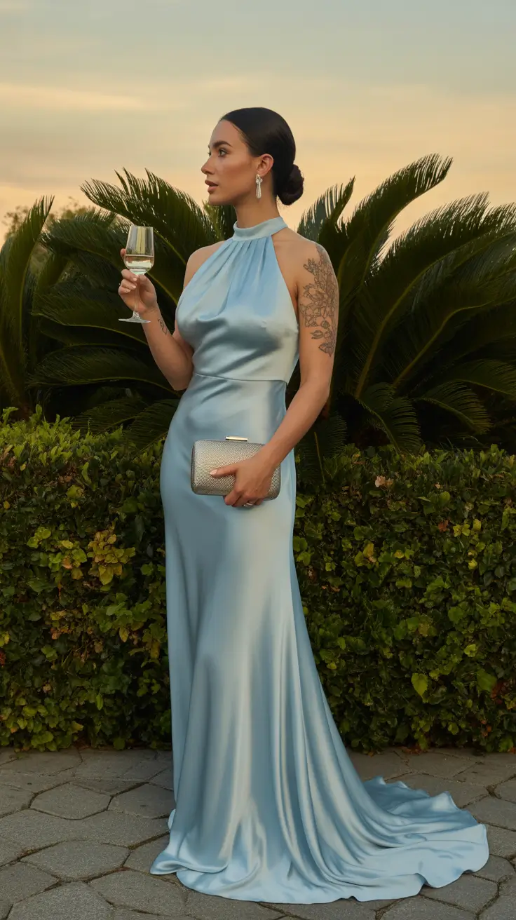 Elegant wedding guest outfits 2026 Sky Satin Serenity