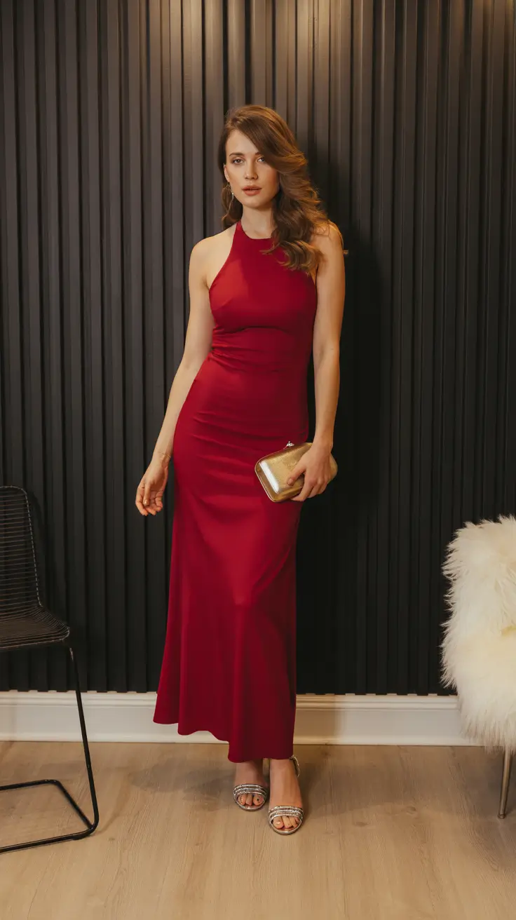 Elegant wedding guest outfits 2026 Crimson Sleek Confidence