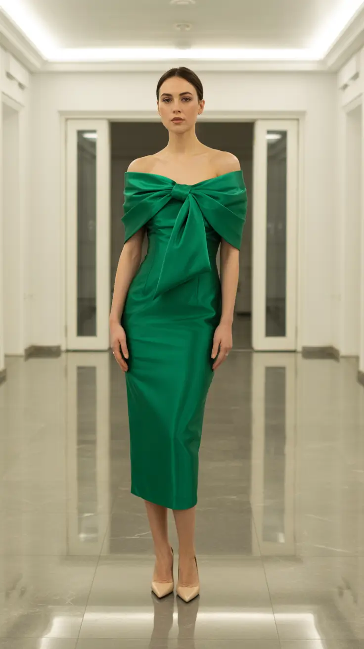 Elegant wedding guest outfits 2026 Emerald Bow