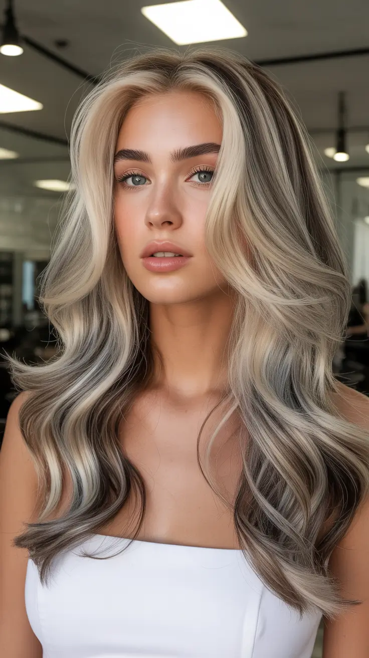High-contrast balayage hair color ideas 2026 Platinum Money Piece with Cool Shadow Contrast