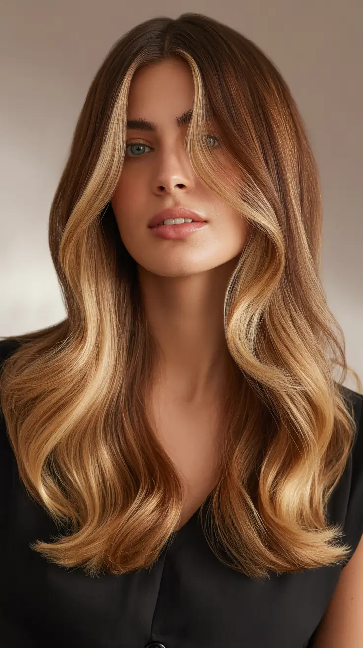 High-contrast balayage hair color ideas 2026 Golden Honey Balayage with Root Melt