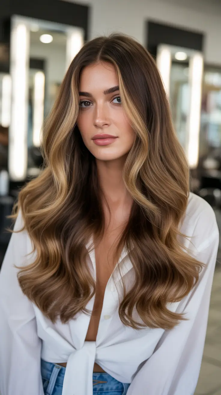High-contrast balayage hair color ideas 2026 Soft Cocoa Balayage with Dimensional Light