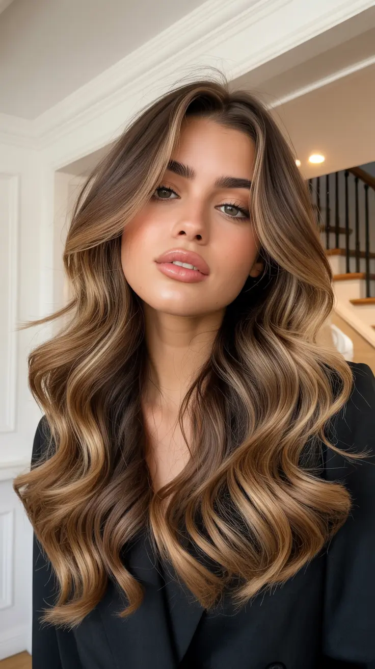High-contrast balayage hair color ideas 2026 Espresso Melt Balayage with Honey Ends