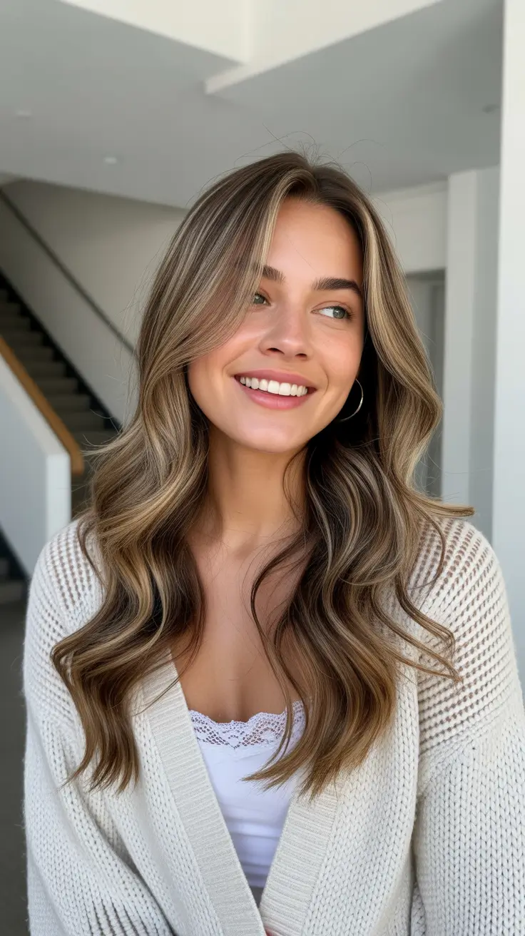 High-contrast balayage hair color ideas 2026 Subtle Honey Balayage on Brunette Base