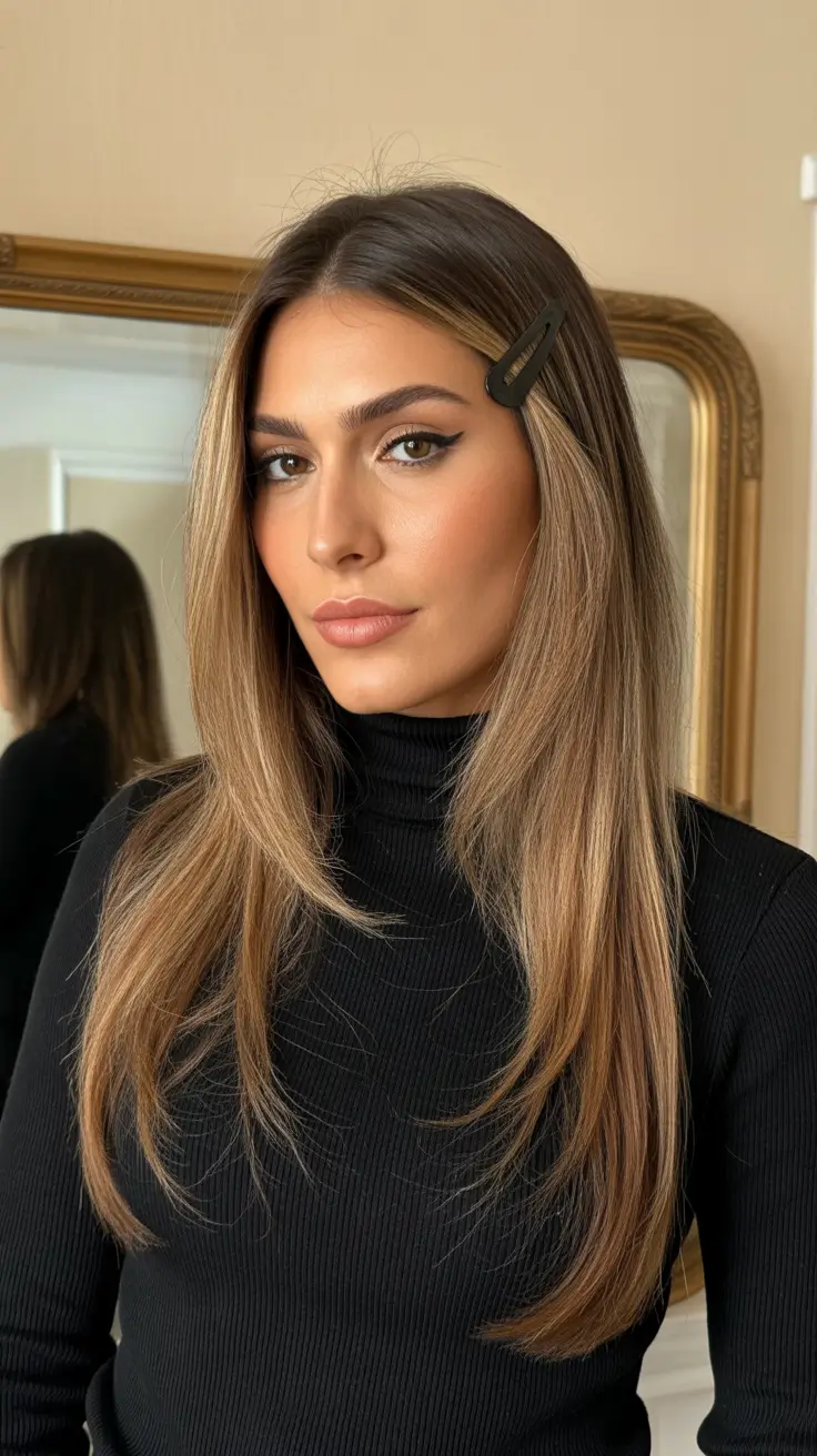 High-contrast balayage hair color ideas 2026 Rooted Straight Balayage with Soft Contrast