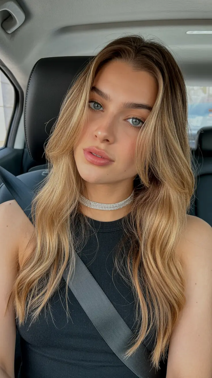 High-contrast balayage hair color ideas 2026 Golden Sunkissed Waves with Tan Glow