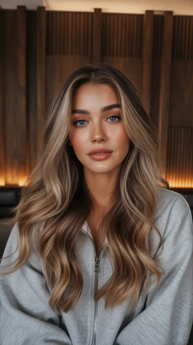 High-contrast balayage hair color ideas 2026 Champagne Glow Balayage with Natural Volume