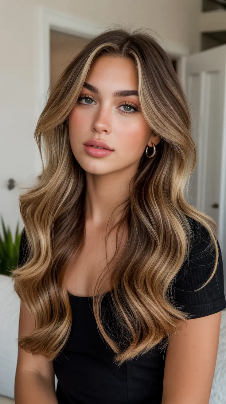 High-contrast balayage hair color ideas 2026 Golden Hour Balayage for Morena and Brunettes