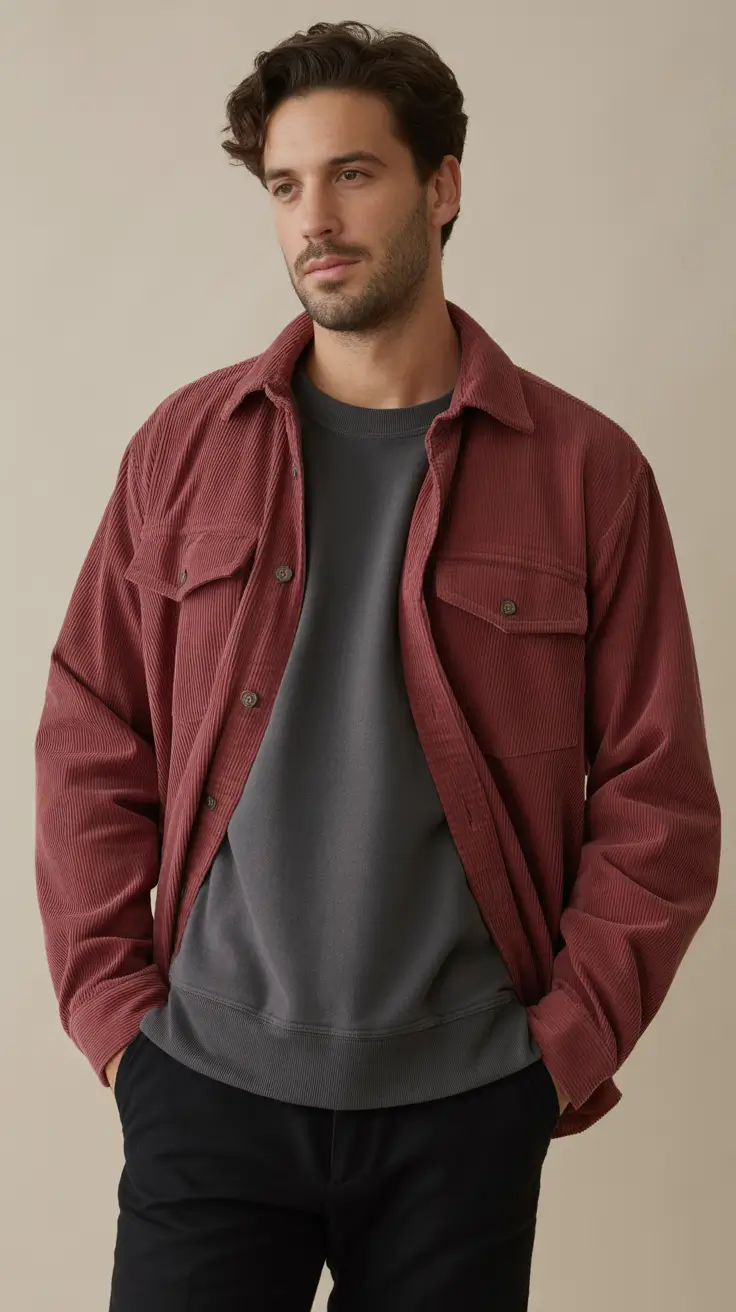 Men's outfit ideas 2026 Muted Burgundy Layers