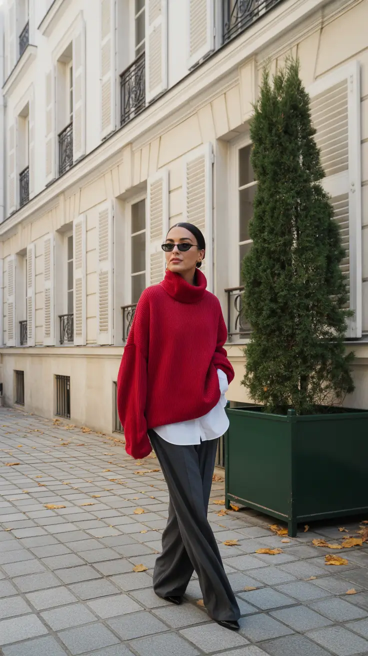 modern office outfits for work 2026 Red and Gray Layered Comfort