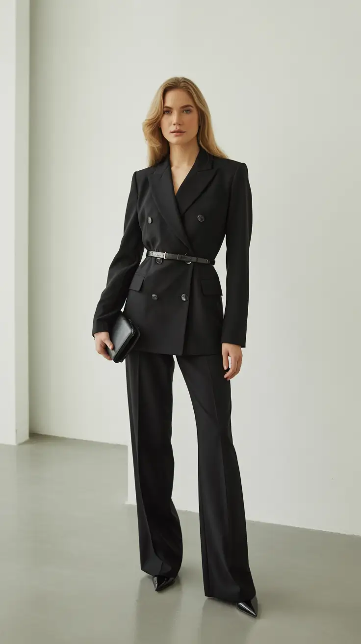 modern office outfits for work 2026 Classic Black Suit Revival