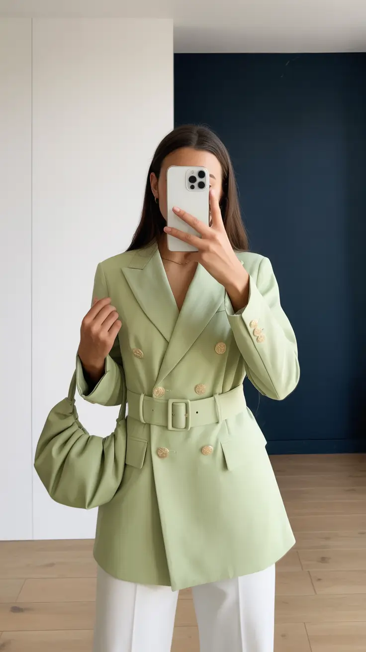 modern office outfits for work 2026 Mint-Toned Power Suit