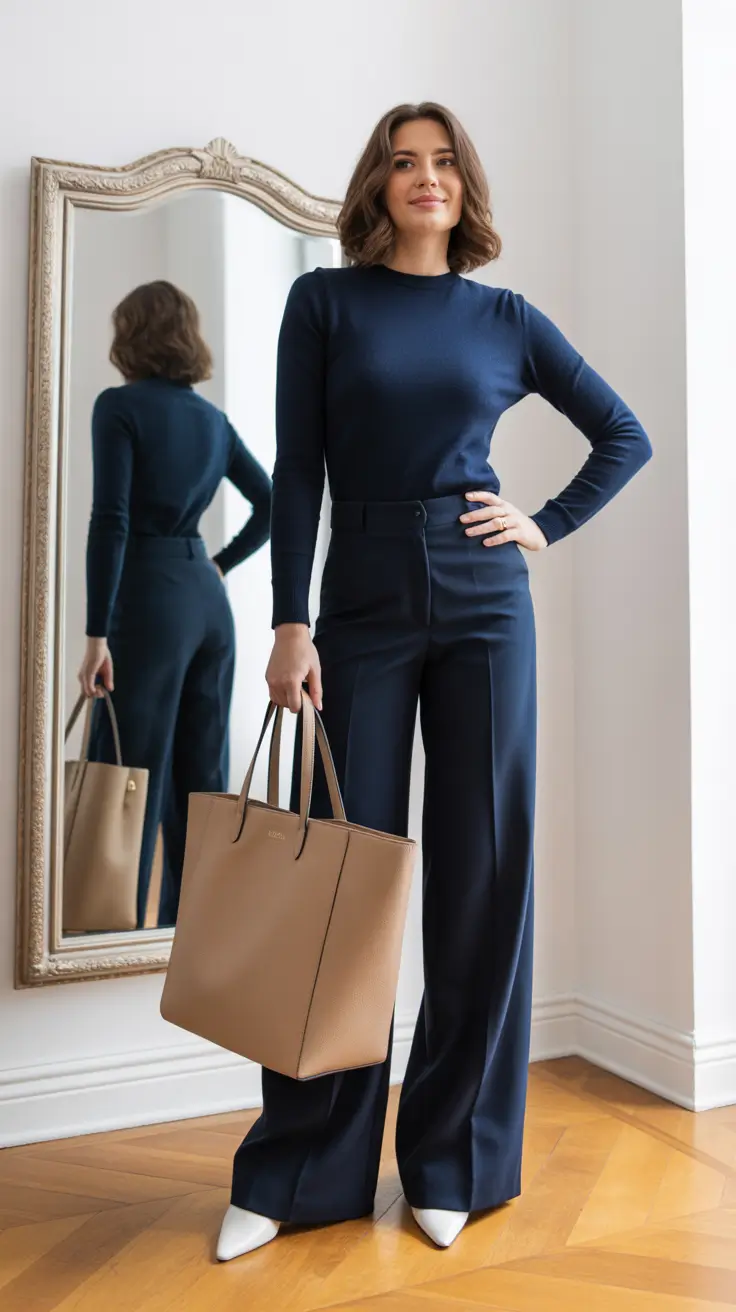 modern office outfits for work 2026 Navy Elegance Reimagined