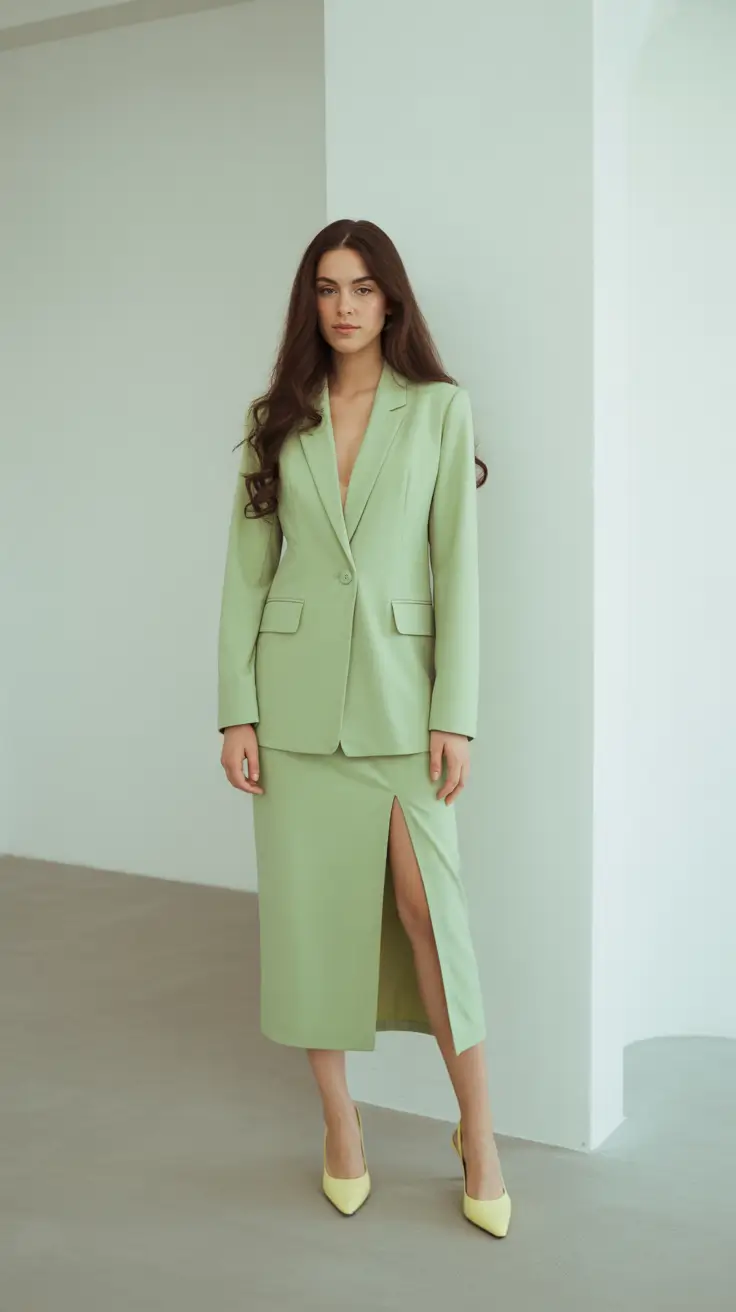modern office outfits for work 2026 Pistachio Power Suit