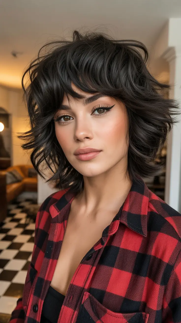 Modern shag hairstyles 2026 Textured Brunette Short Shag