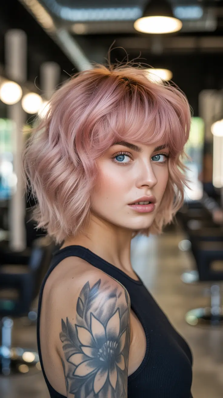 Modern shag hairstyles 2026 Pastel Pink Shag with Soft Waves