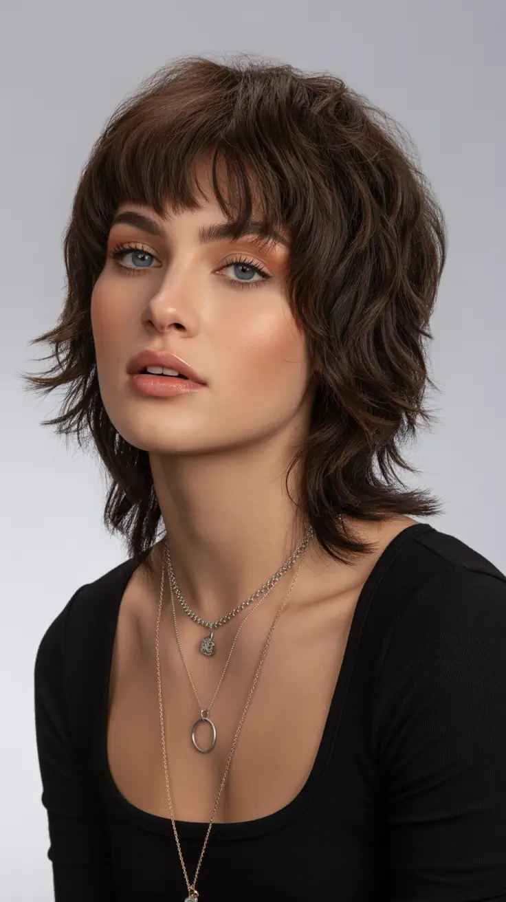Modern shag hairstyles 2026 Short Brown Shag with Bold Bangs