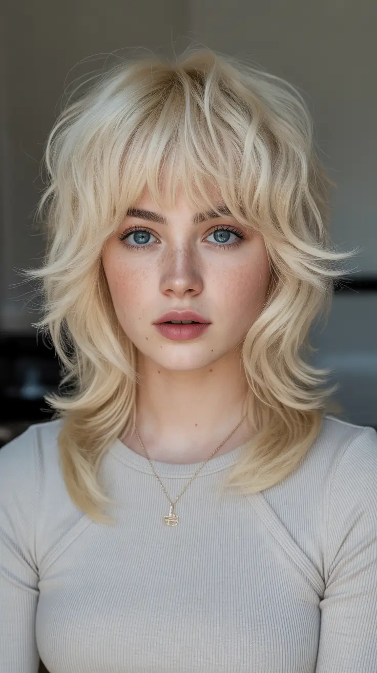 Modern shag hairstyles 2026 Blonde Wolf Shag with Feathered Bangs