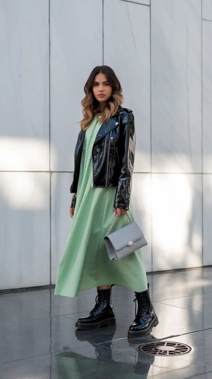 New York outfit ideas 2026 Mint Confidence: Leather and Freshness