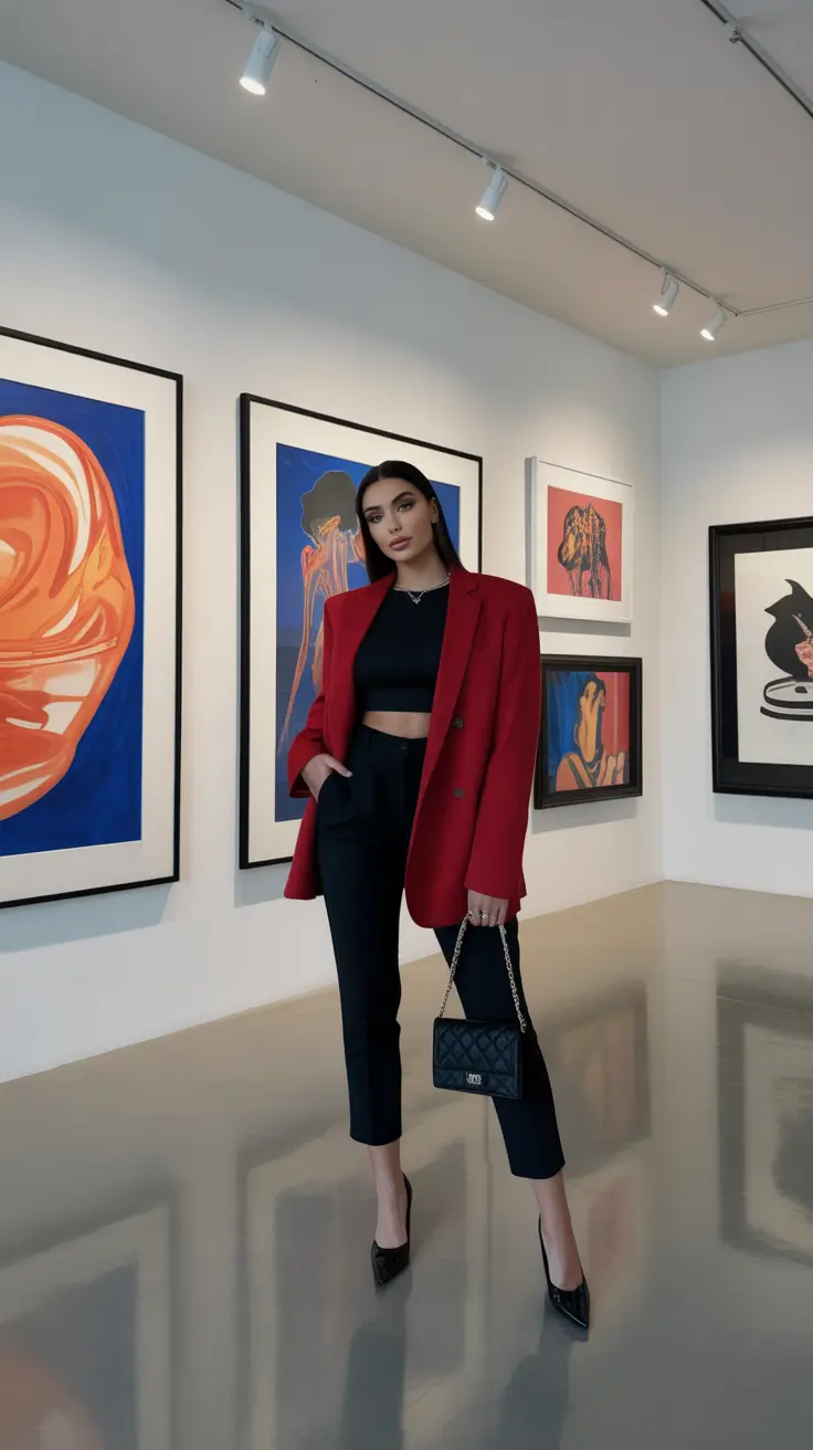 New York outfit ideas 2026 Gallery Chic: Red Blazer and Noir Confidence