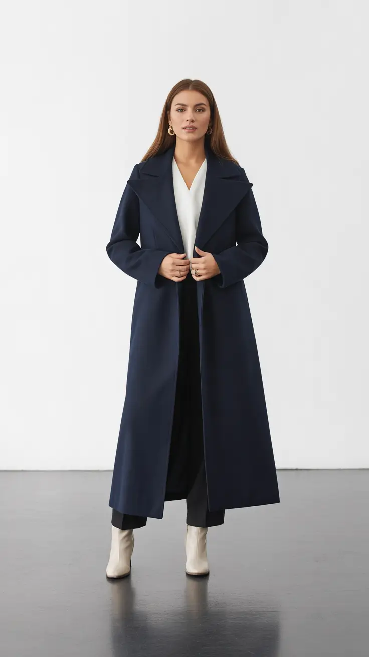 New York outfit ideas 2026 Classic Elegance Reimagined: Navy Coat and White Boots