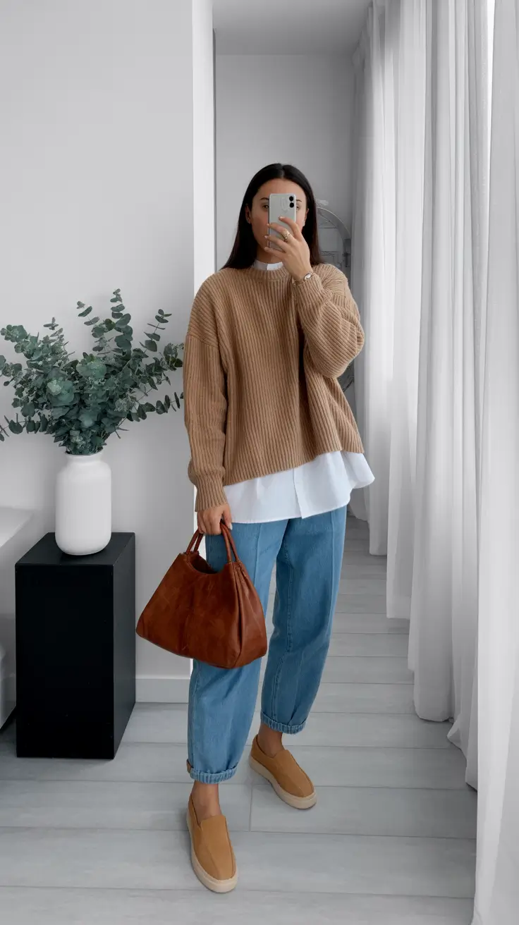 New York outfit ideas 2026 Relaxed Layers: Camel Knits and Denim Ease