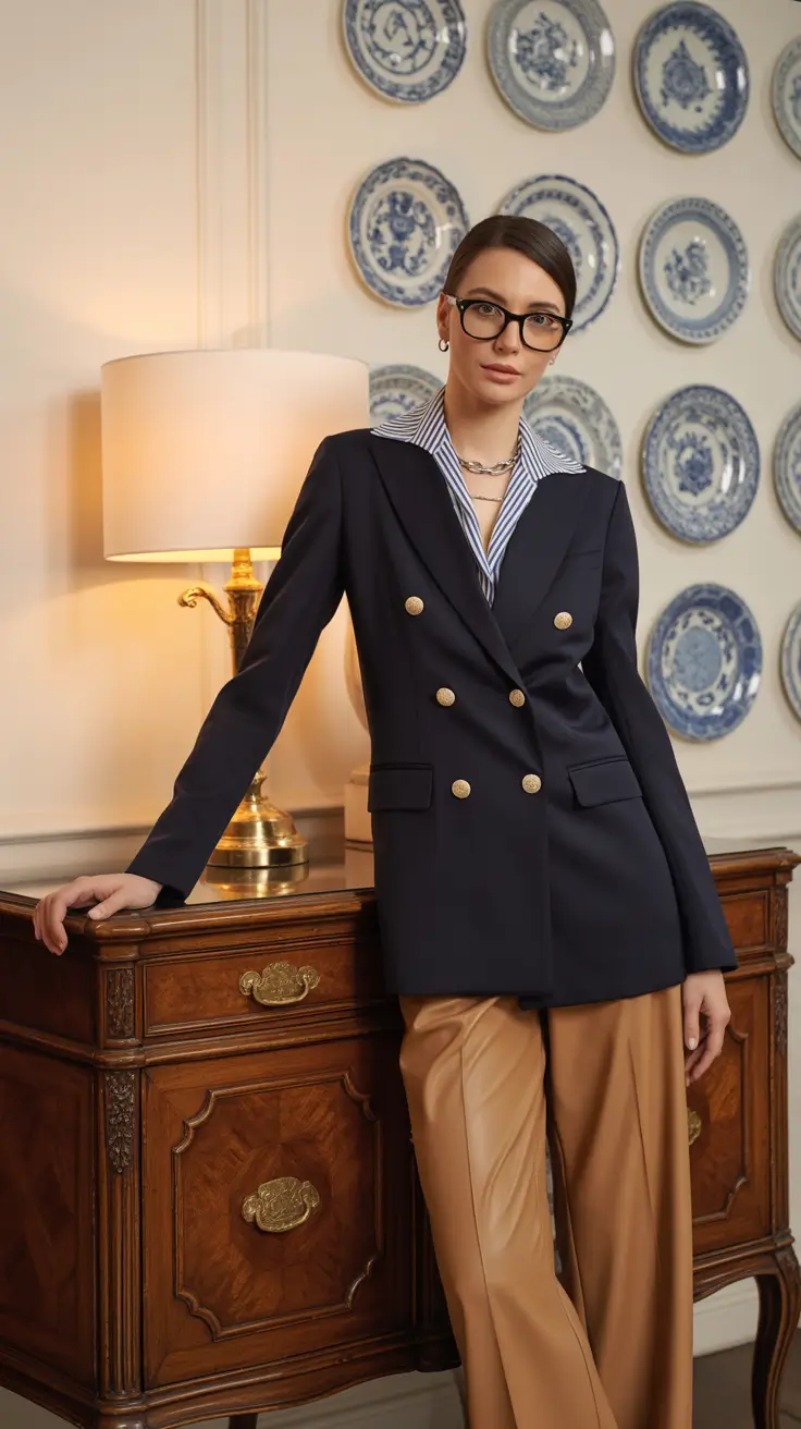Stylish blazer outfits 2026 navy and camel contrast