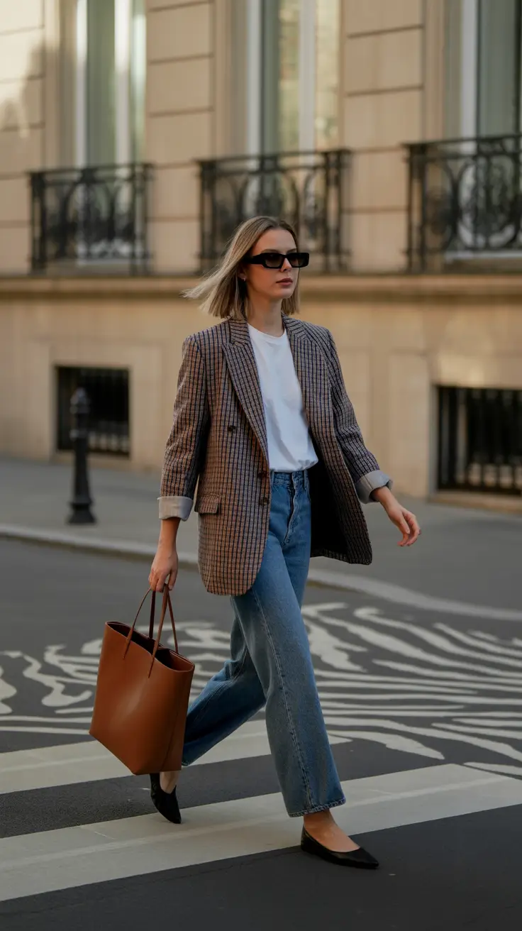 Stylish blazer outfits 2026 plaid and denim