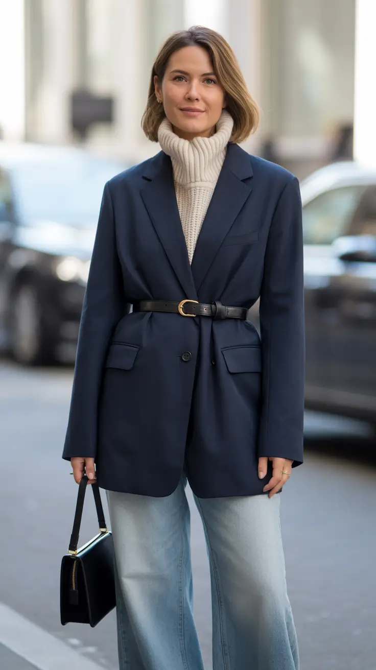 Stylish blazer outfits 2026 winter navy belted