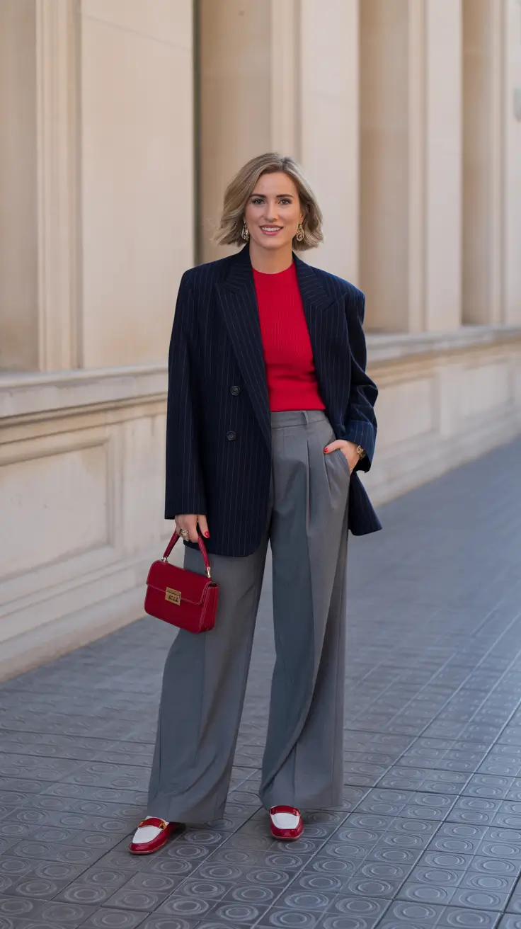 Stylish blazer outfits 2026 navy and red mix
