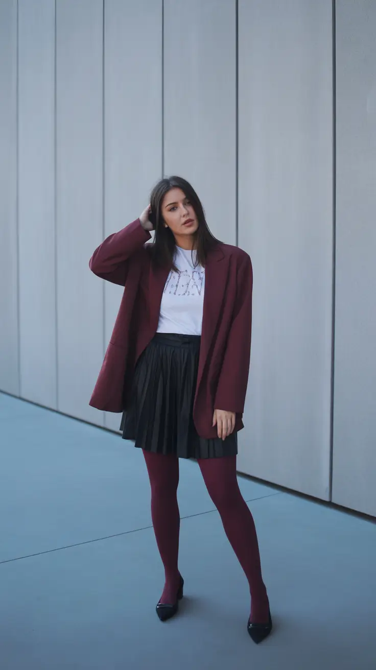 Stylish blazer outfits 2026 burgundy and leather edge