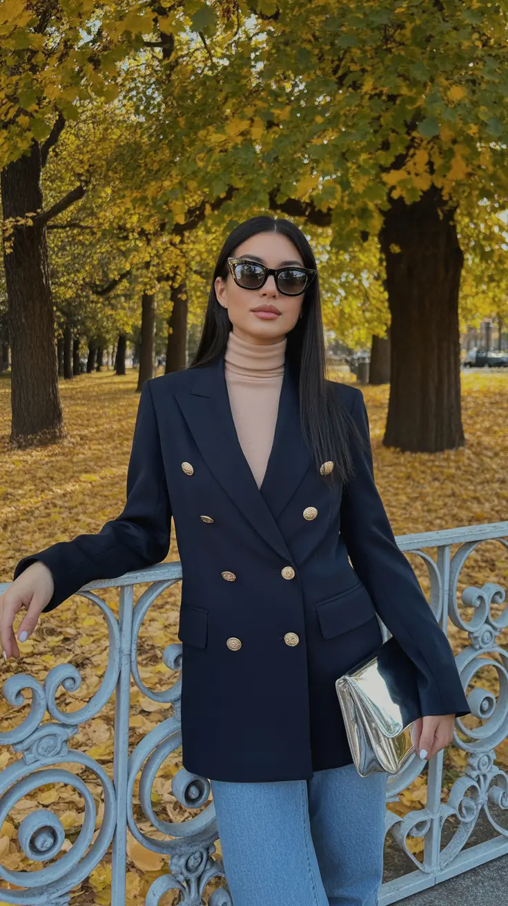 Stylish blazer outfits 2026 navy gold autumn