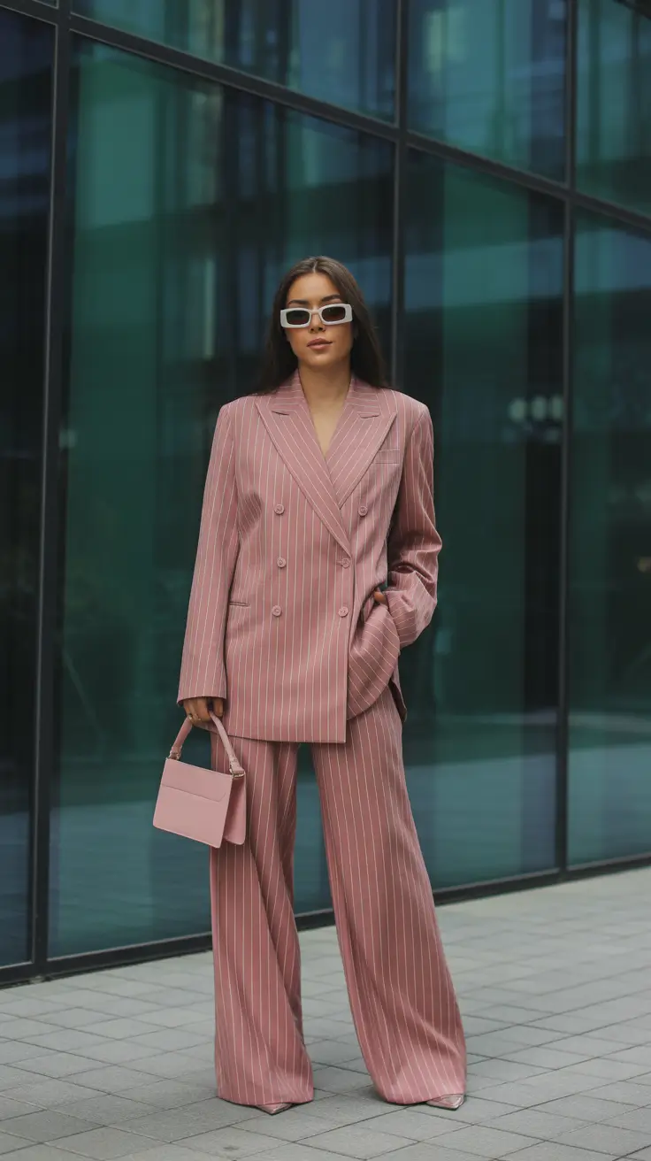 Stylish blazer outfits 2026 pink striped suit