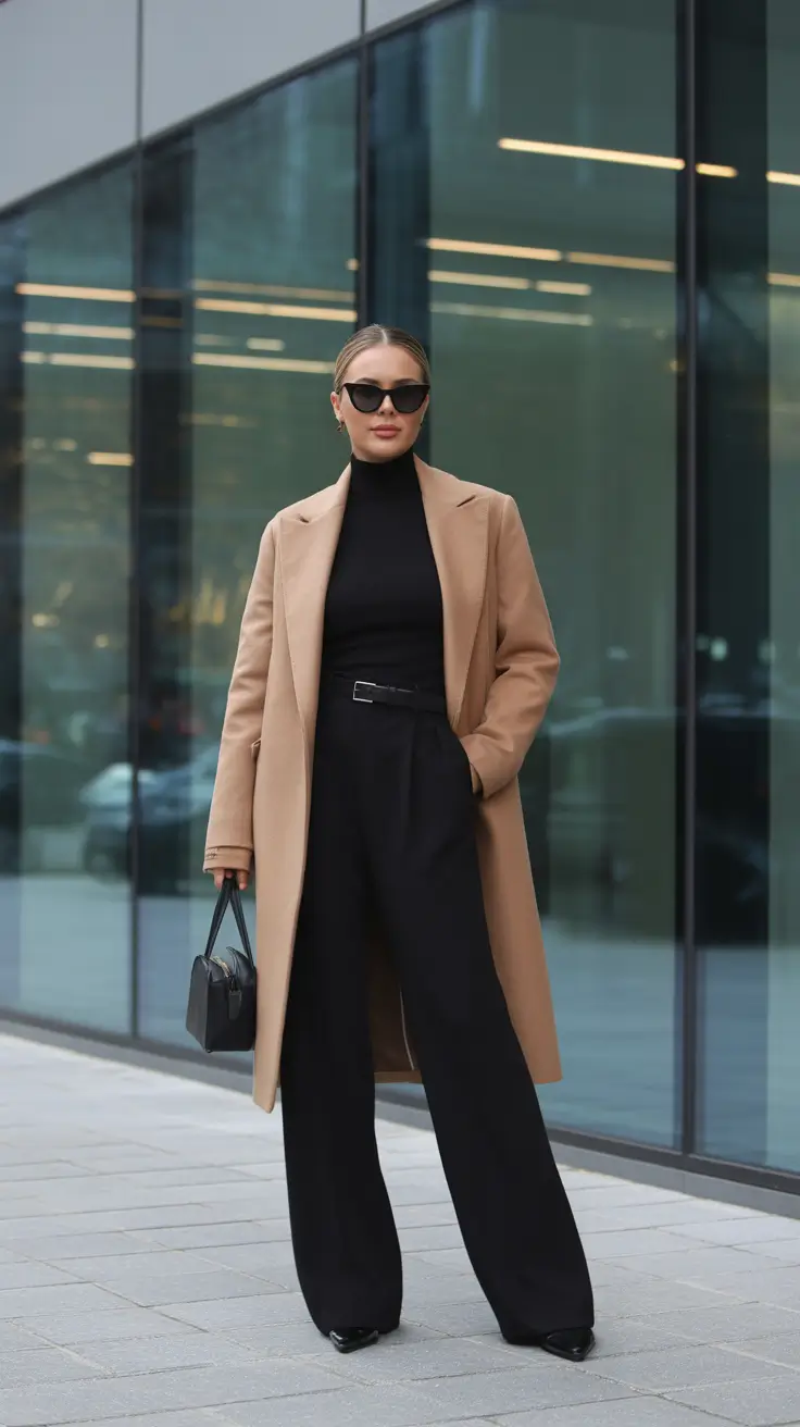 Trendy business casual outfits for women 2026 Camel and Black Effortless Winter Authority