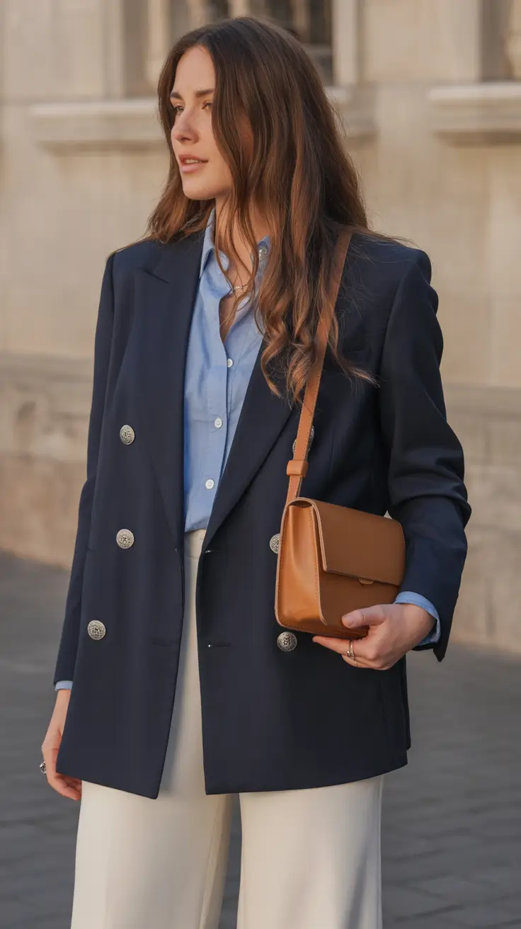 Trendy business casual outfits for women 2026 Soft Navy Meets City Energy