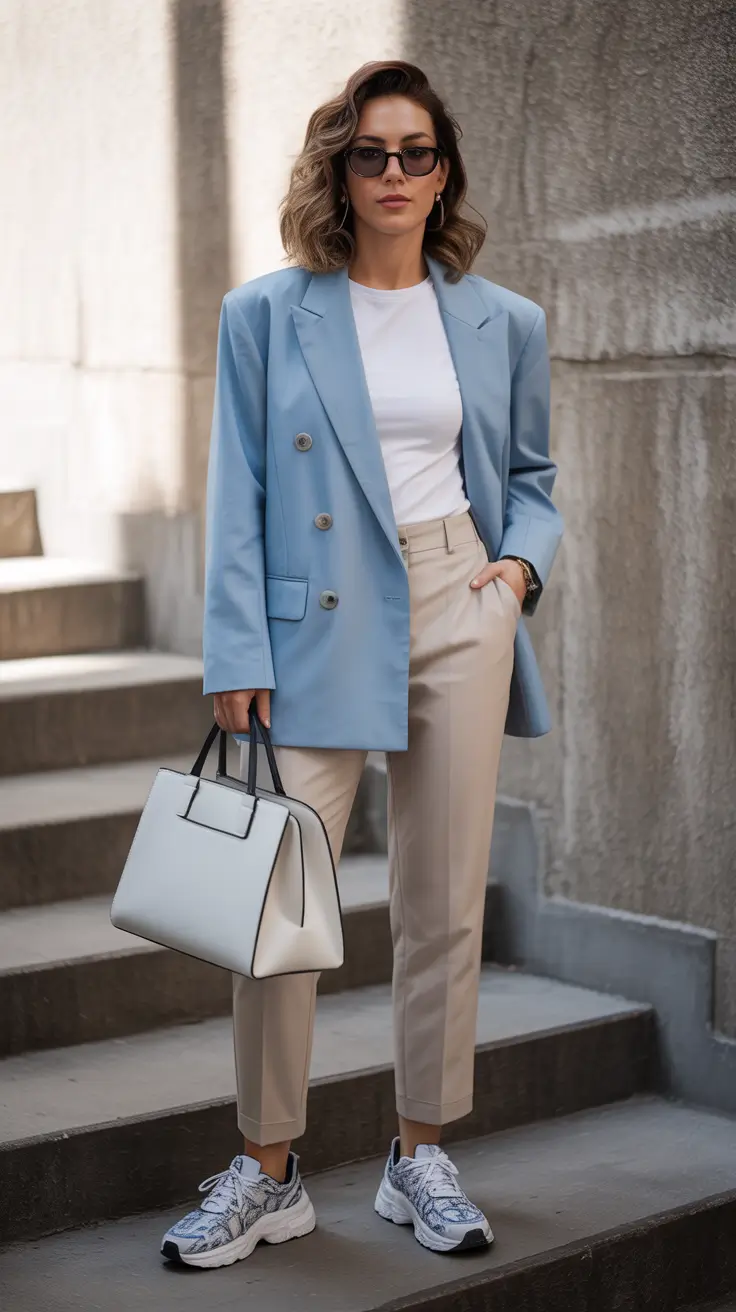 Trendy business casual outfits for women 2026 Blue Blazer and Sneakers The Cool Commuter