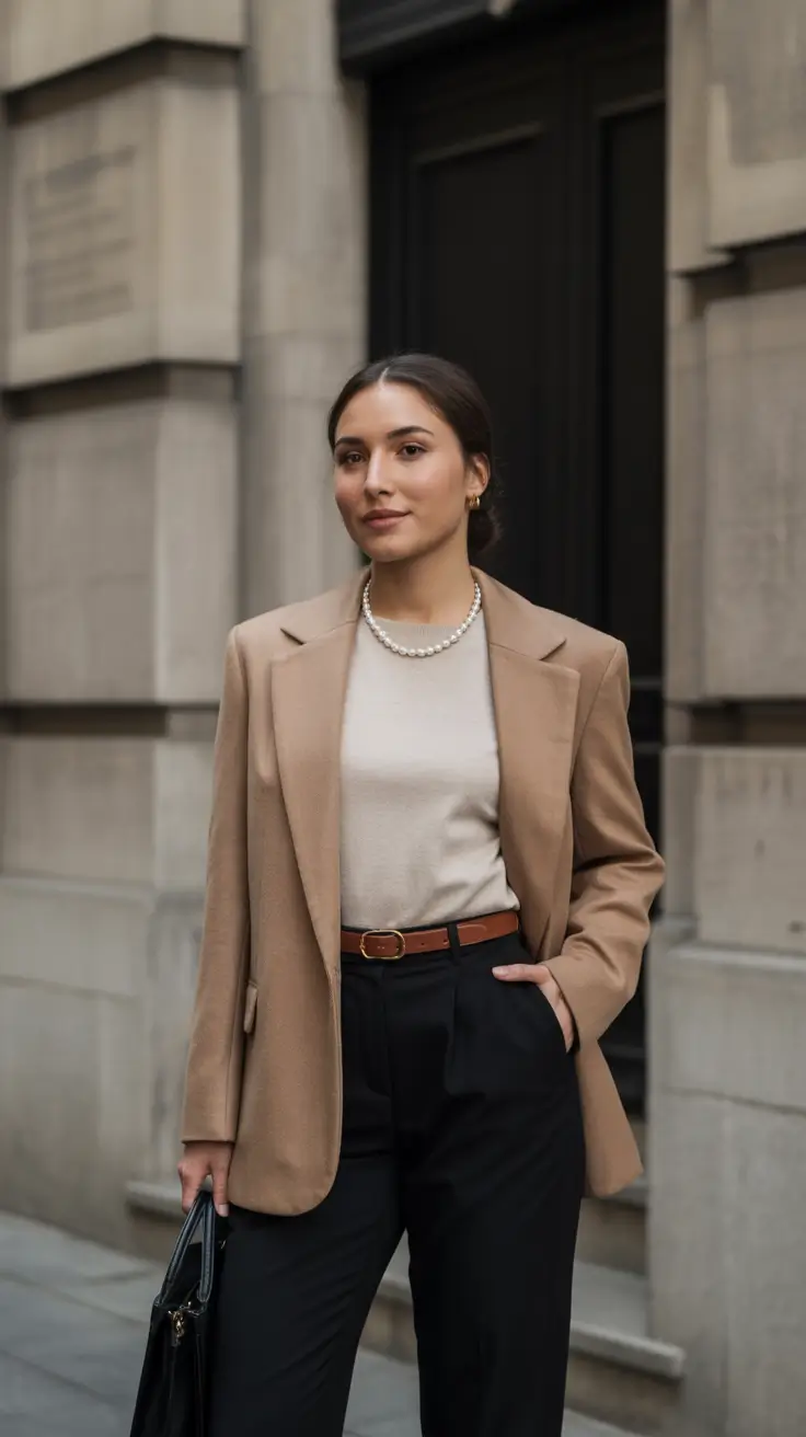 Trendy business casual outfits for women 2026 Classic Camel and Modern Black
