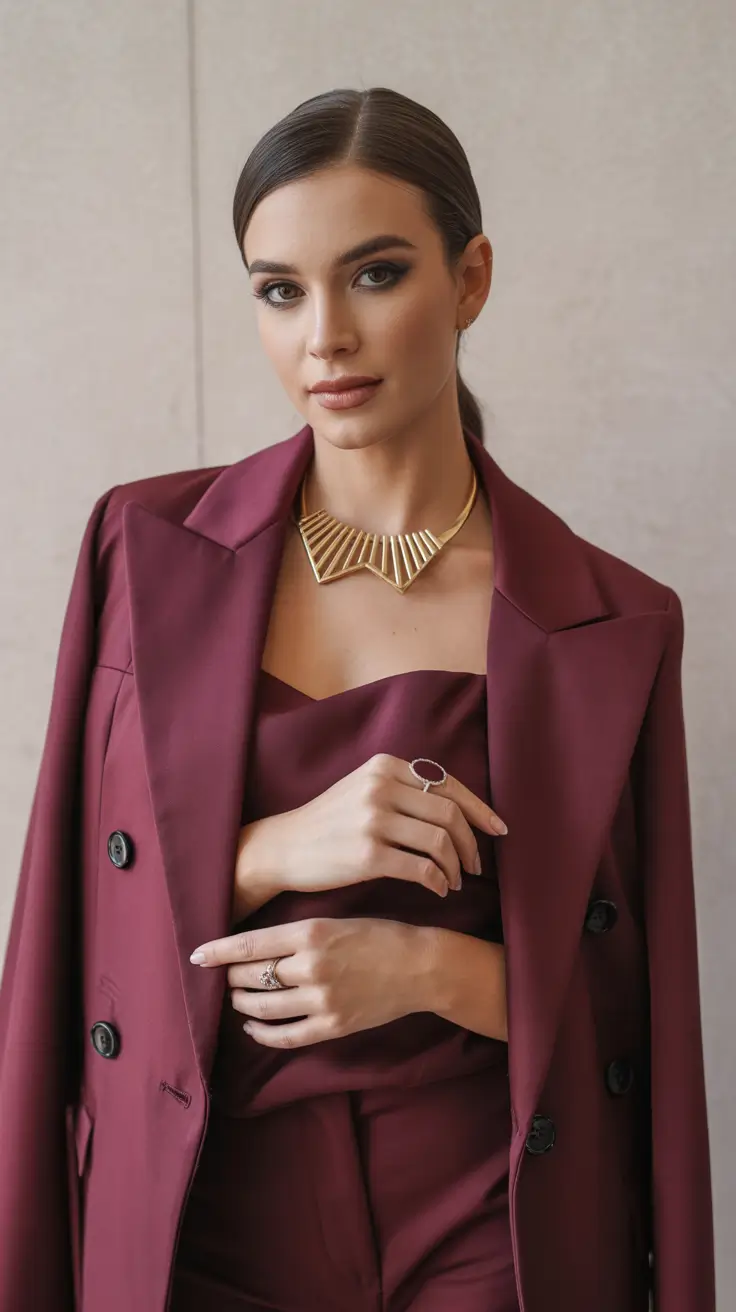 Trendy business casual outfits for women 2026 Wine Red Power Suit Bold and Feminine