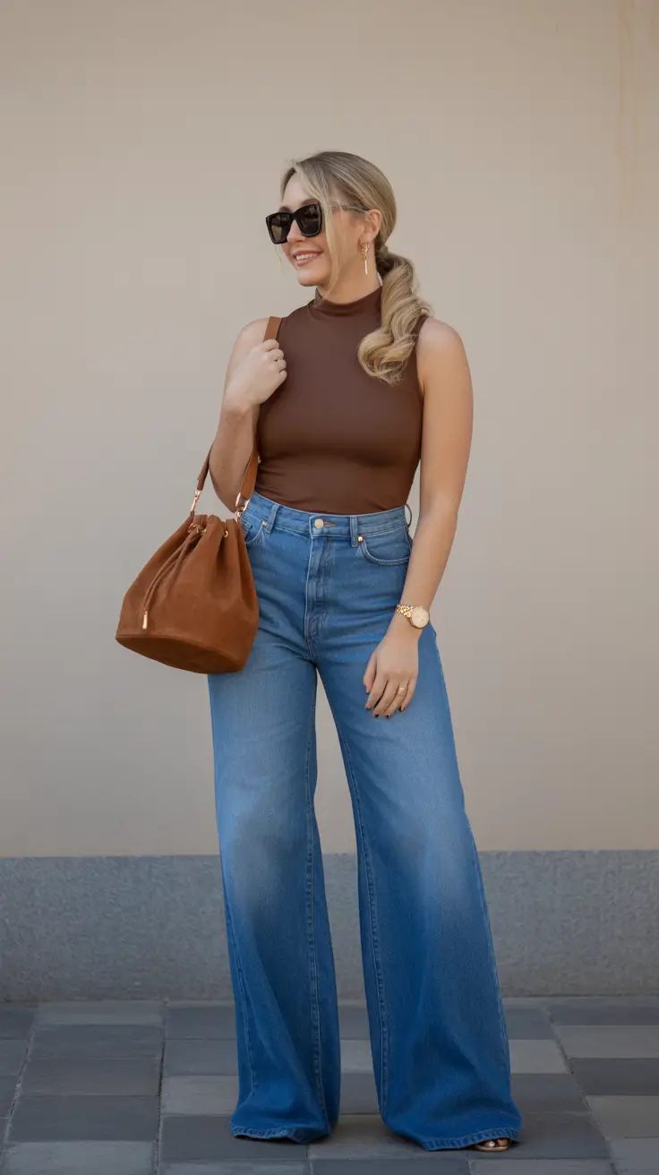 Trendy jeans outfits 2026 Brown Minimalism Meets Wide-Leg Ease