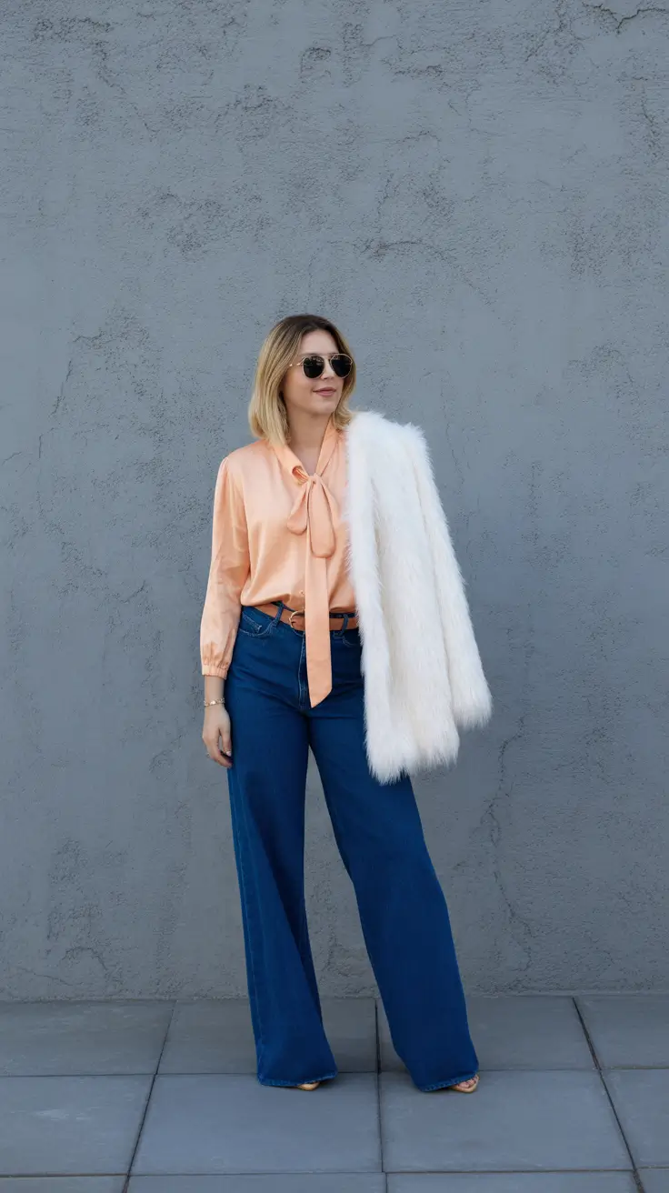 Trendy jeans outfits 2026 Peach Glow Meets Retro Volume